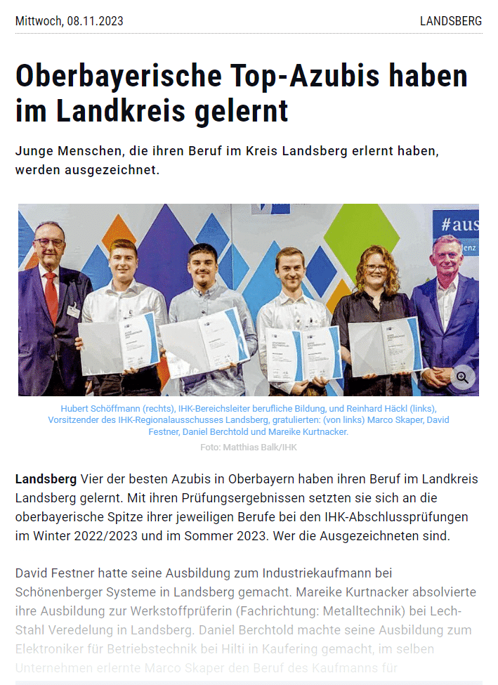 Oberbayerische Top-Azubis haben im Landkreis gelernt, Landsberger Tagblatt Artikel 08.11.2023