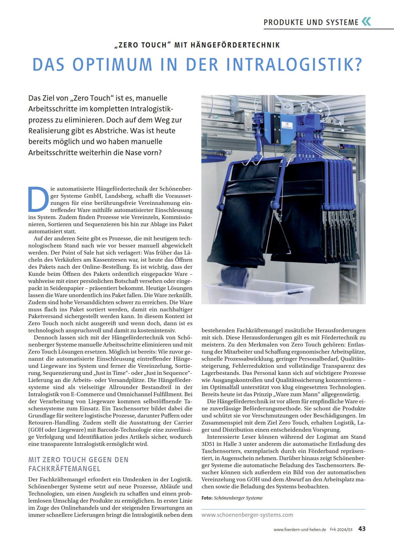 Zero Touch mit Hängefördertechnik in der Zeitschrift Fördern+Heben