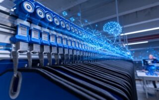 Blaue Hängefördertechnik mit Barcode-Trägern in einer Halle, überlagert von leuchtenden neuronalen Netzen und einem digitalen Gehirn als Symbol für KI in der Intralogistik.