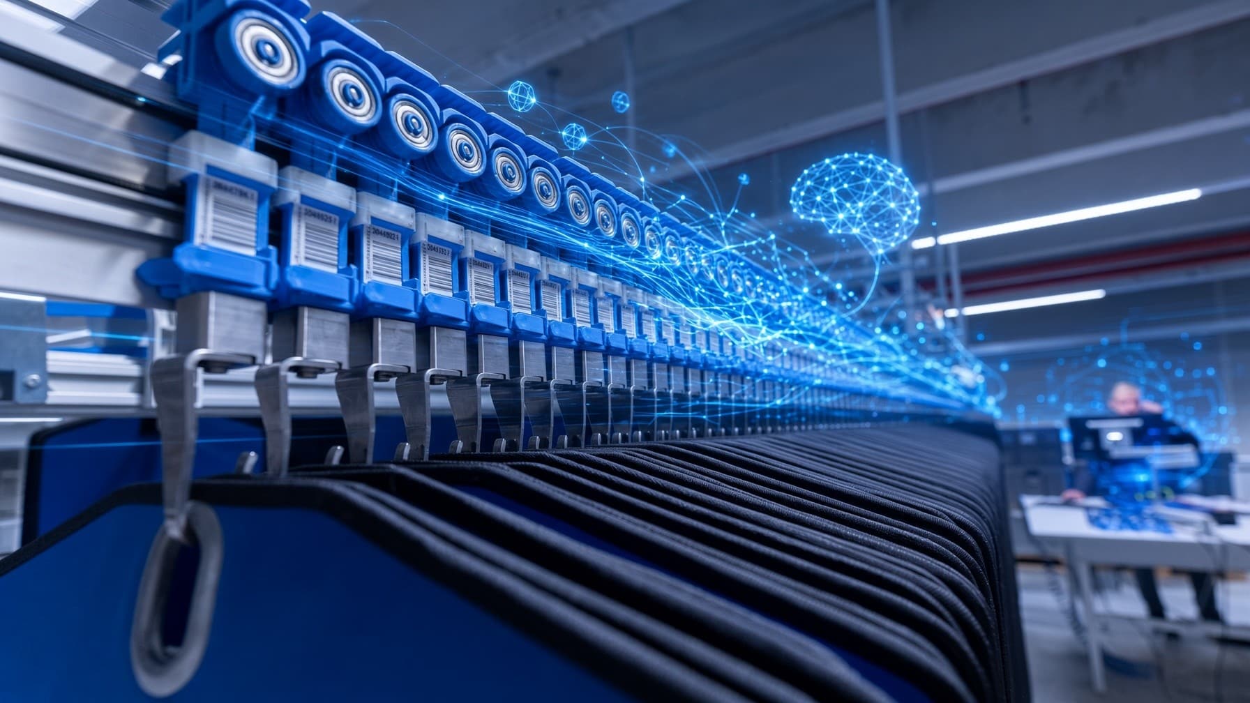 Blaue Hängefördertechnik mit Barcode-Trägern in einer Halle, überlagert von leuchtenden neuronalen Netzen und einem digitalen Gehirn als Symbol für KI in der Intralogistik.